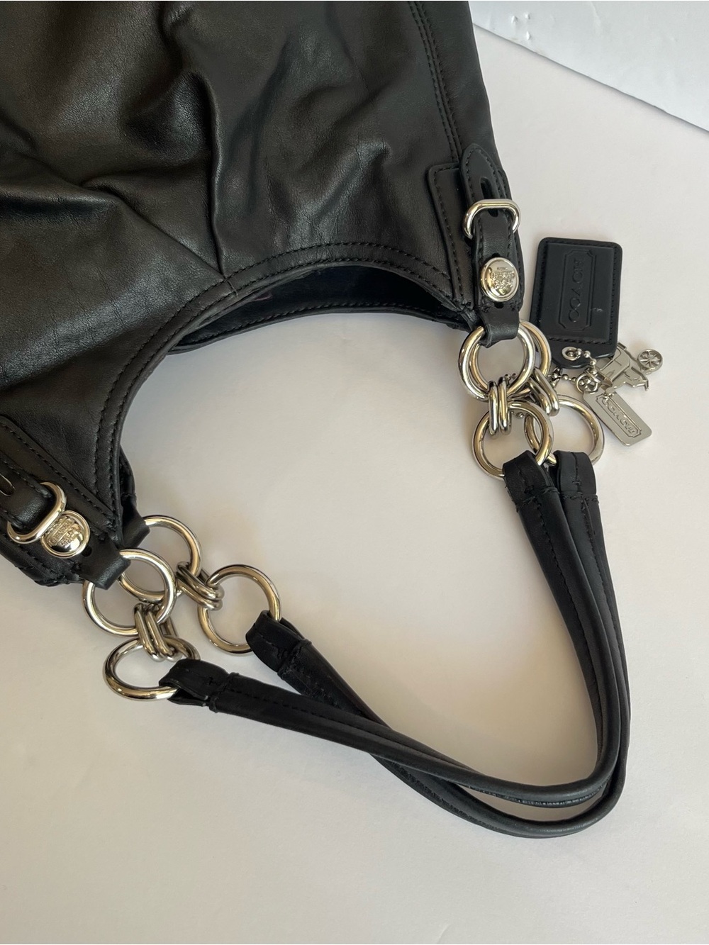 Coach Black Large Maddie Leather Shoulder Bag 3 Signature Charms Purple Satin - Picture 5 of 12